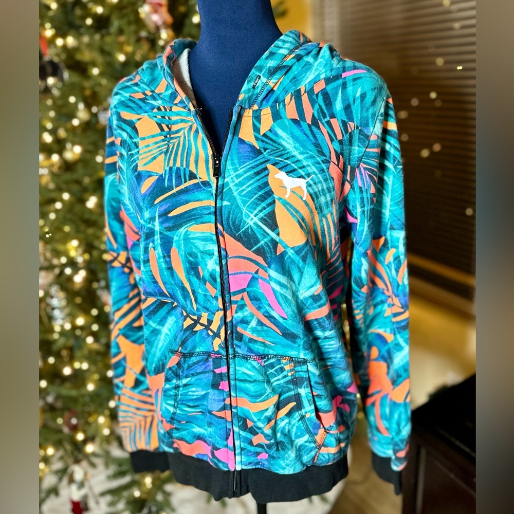 EUC Victoria's Secret PINK Neon Print Tropical Zip-up Hoodie Sweatshirt - RARE
